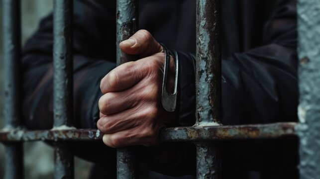 Man in jail hands close-up, depression and despair concept