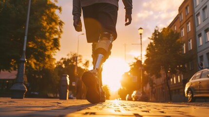 athlete man with prosthetic leg walking outdoor, close up at disabled young man with prosthetic leg walking along the street, prostheses standing, one way to win is to be yourself, generate by AI. - obrazy, fototapety, plakaty