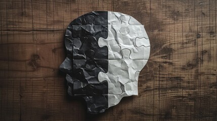 Racial ethnic social issue and equality concept or cultural justice symbol as a black and white crumpled paper shaped as a human head on wood with a puzzle piece as a metaphor for social race issues - obrazy, fototapety, plakaty
