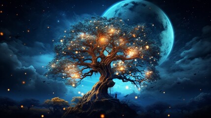 A majestic tree of life at night - obrazy, fototapety, plakaty