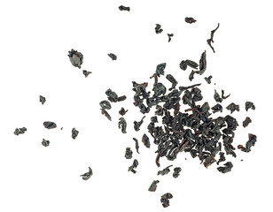 Dry black tea leaves pile isolated on a white background, view from above.