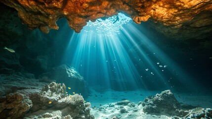 Underwater photo of magic sunlight inside a cave. From a scuba dive in the Red sea in Egypt