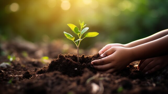 Children Hold Young Tree Ready To Grow In Fertile Soil, Prepare For Plant And Reduce Global Warming, Save World Environment , Save Life, Plant A Tree World Environment Day, Sustainable , Volunteer