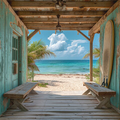 Beachfront Cabana with Space for Surfboard Artwork