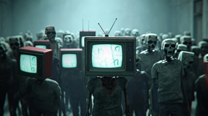Zombie people with an old tv instead of head. Mass media addiction. Television manipulation and crowd control. Brainwashing concept. 3d render 3d illustration - obrazy, fototapety, plakaty
