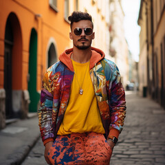 Photo of a young fashion stylish trendy look man model in color clothes modern style outdoor street style natural light