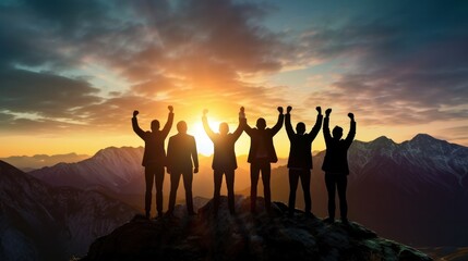 Silhouette of business team stand and feel happy on the most hight at the mountain on sunset, success, leader, teamwork, target, Aim, confident, achievement, goal, on plan, finish, generate by AI - obrazy, fototapety, plakaty