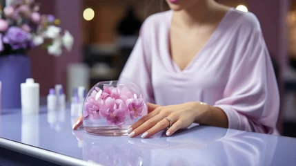 Tuinposter Woman show beautiful nail after receive care service by professional Beautician Manicure at spa centre. Nail beauty salon use nail file for Glazing treatment. manicurist make nail to beautiful. © pinkrabbit