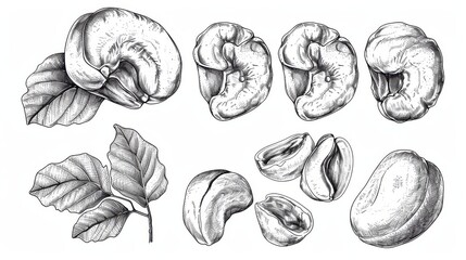 Set Hand drawn sketch cashew nut vector on white background