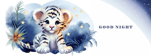 White tiger cub in jungle under the starry sky. Good night banner