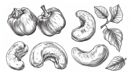 Set Hand drawn sketch cashew nut vector on white background - obrazy, fototapety, plakaty