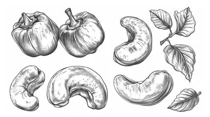 Fotobehang Set Hand drawn sketch cashew nut vector on white background © Media Srock