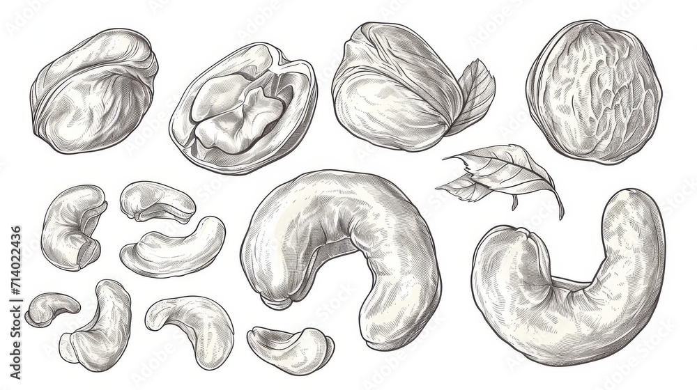 Wall mural set hand drawn sketch cashew nut vector on white background - Wall murals