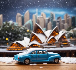 Miniature model of a toy car in front of Sydney Opera House.