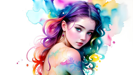 Fototapeta premium painting of a woman with colorful hair and a colorful dress