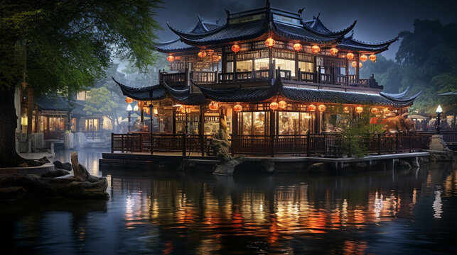 chinese temple in night high definition photographic creative image