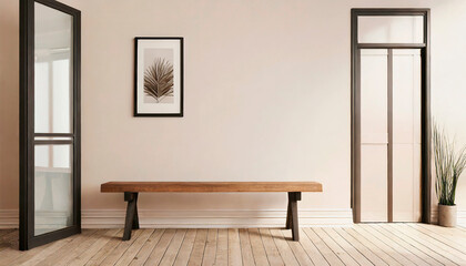 Interior design of a living room with a minimalist Scandinavian style wooden bench in beige tones