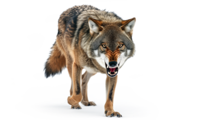 Portrait of a furious gray wolf. Angry wolf roaring isolated on transparent background. PNG. 