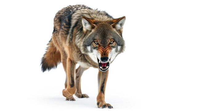 Portrait of a furious gray wolf. Angry wolf roaring isolated on transparent background. PNG. 