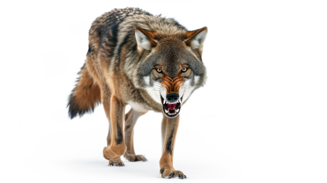 Portrait of a furious gray wolf. Angry wolf roaring isolated on transparent background. PNG. 
