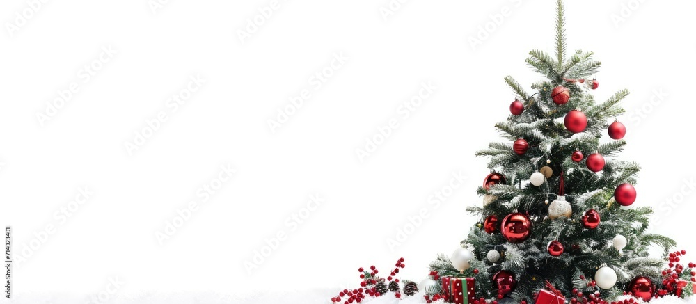 Poster Transparent png image of a decorated Christmas tree on a white background.