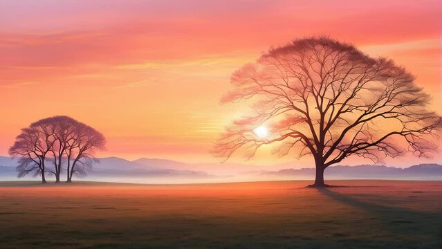 Silhouettes of solitary trees stand in an expansive grassland, under the warm hues of a sunset sky, depicting a serene evening scene.
