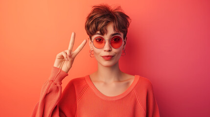 Happy young woman with short hair holding up two fingers on colorful background - obrazy, fototapety, plakaty