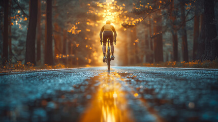 Athletes cycling on a forest road. Evening sunlight on the road ahead.