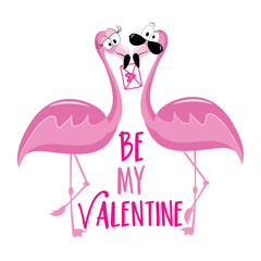 Be my valentine - cute flamingos with envelope. Good for greeting card, poster, label, T shirt print, and other gifts design for Valentine's Day.