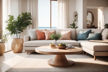 Coastal Interior home design of modern living room with round wooden table and corner sofa