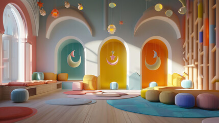 Animated Mosque Nursery: A Charming Space with Soft Colors, Crescent Moon Mobiles, and Islamic Geometric Patterns for Engaging Little Ones