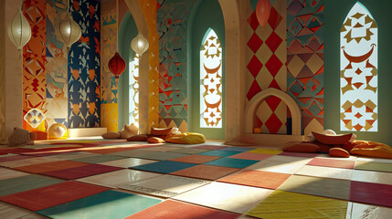 Animated Mosque Nursery: A Charming Space with Soft Colors, Crescent Moon Mobiles, and Islamic Geometric Patterns for Engaging Little Ones