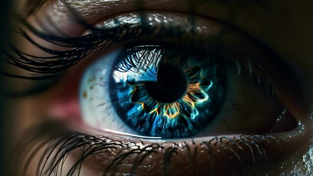 Human eyeball close up with blue iris, eyelashes and pupil Generative AI 