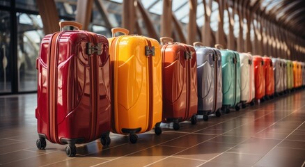 A vibrant display of luggage, scattered on the floor and lined up against a red waste container, adds a touch of whimsy to an otherwise mundane indoor setting