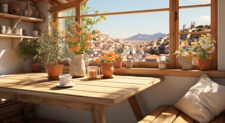 Fototapeta na wymiar Indoor meets outdoor as a sunny city view illuminates a beautifully designed interior, complete with wooden furniture, a vibrant flowerpot, and a lush houseplant atop the coffee table