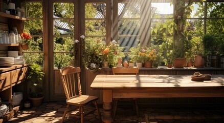 Fototapeta na wymiar A cozy indoor scene featuring a wooden table and chair next to a window adorned with a houseplant, while outside a tree stands tall beside a patio with an outdoor table and flowerpot