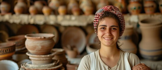 Smiling young Turkish woman, successful self-employed potter, posing with ceramics.