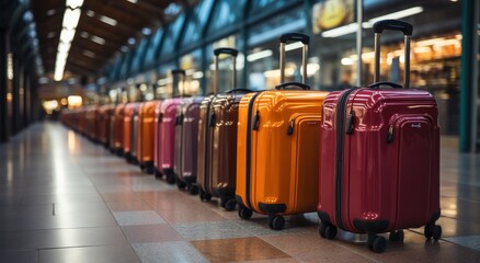 A symphony of travel memories, a row of battered suitcases lines the ground, each one telling a unique story of adventure and weariness