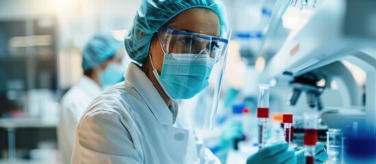 Scientist conducts blood tests and wears a face mask for vaccine and healthcare research in the laboratory.