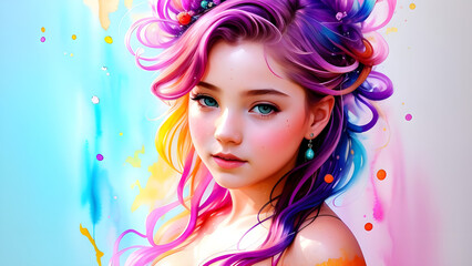 illustration water color of a beautiful asian woman with bright colorful hair