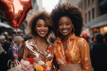 Joyful women adorned in fashionable attire and accessorized with vibrant balloons, radiate happiness at a lively outdoor festival surrounded by beautiful flowers