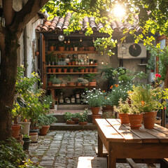Fototapeta na wymiar Green Oasis in an Urban Garden with Terracotta Pots