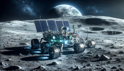 無人探査機が月面着陸した様子。画像生成AI。 - obrazy, fototapety, plakaty