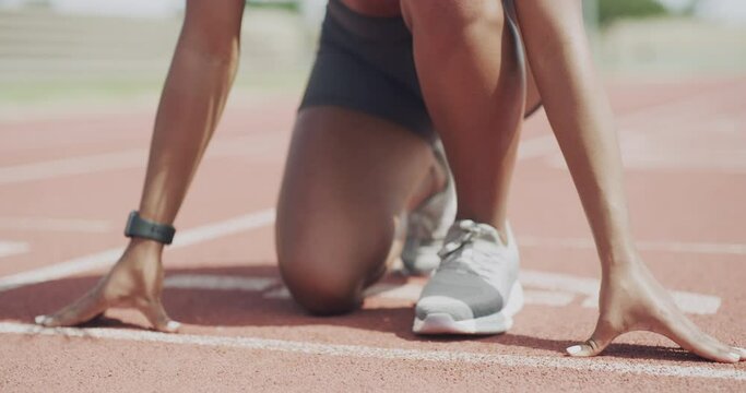 Person, hands and runner on start line for race, sprint or athletics in outdoor competition on stadium track. Closeup of athlete getting ready for running, training or exercise in sports marathon