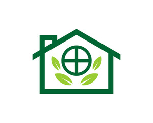 Obraz premium Green house with green leaves in line logo