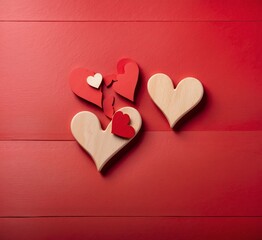 Wooden hearts on red wooden background. Valentine's day concept.