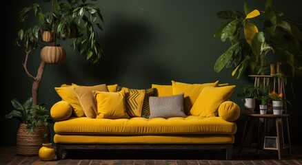 A cozy and inviting living room with a vibrant yellow couch and plush pillows against a calming green wall, adorned with a beautiful houseplant in a decorative vase, exuding comfort and stylish inter