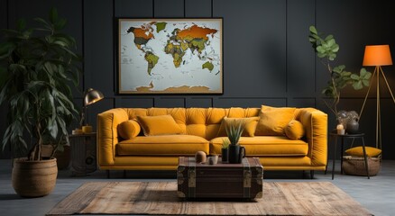 A vibrant yellow studio couch takes center stage in a cozy living room adorned with a wall map, lush houseplants, and a sleek coffee table, evoking a sense of wanderlust and modern design