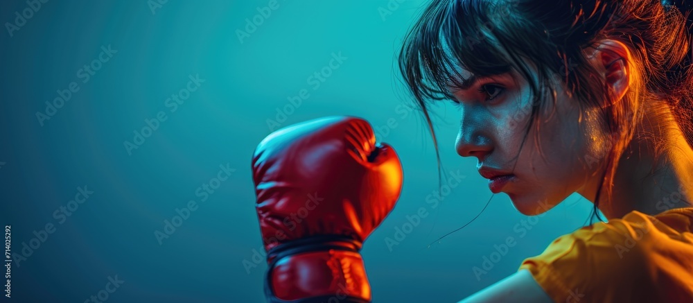 Wall mural studio shot of a girl delivering a left jab in kickboxing.