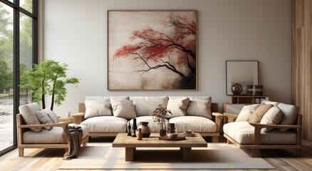An inviting living room boasts a cozy sofa bed and loveseat, adorned with plush pillows and a vase of fresh flowers, all centered around a striking painting of a tree against the den's windowed wall